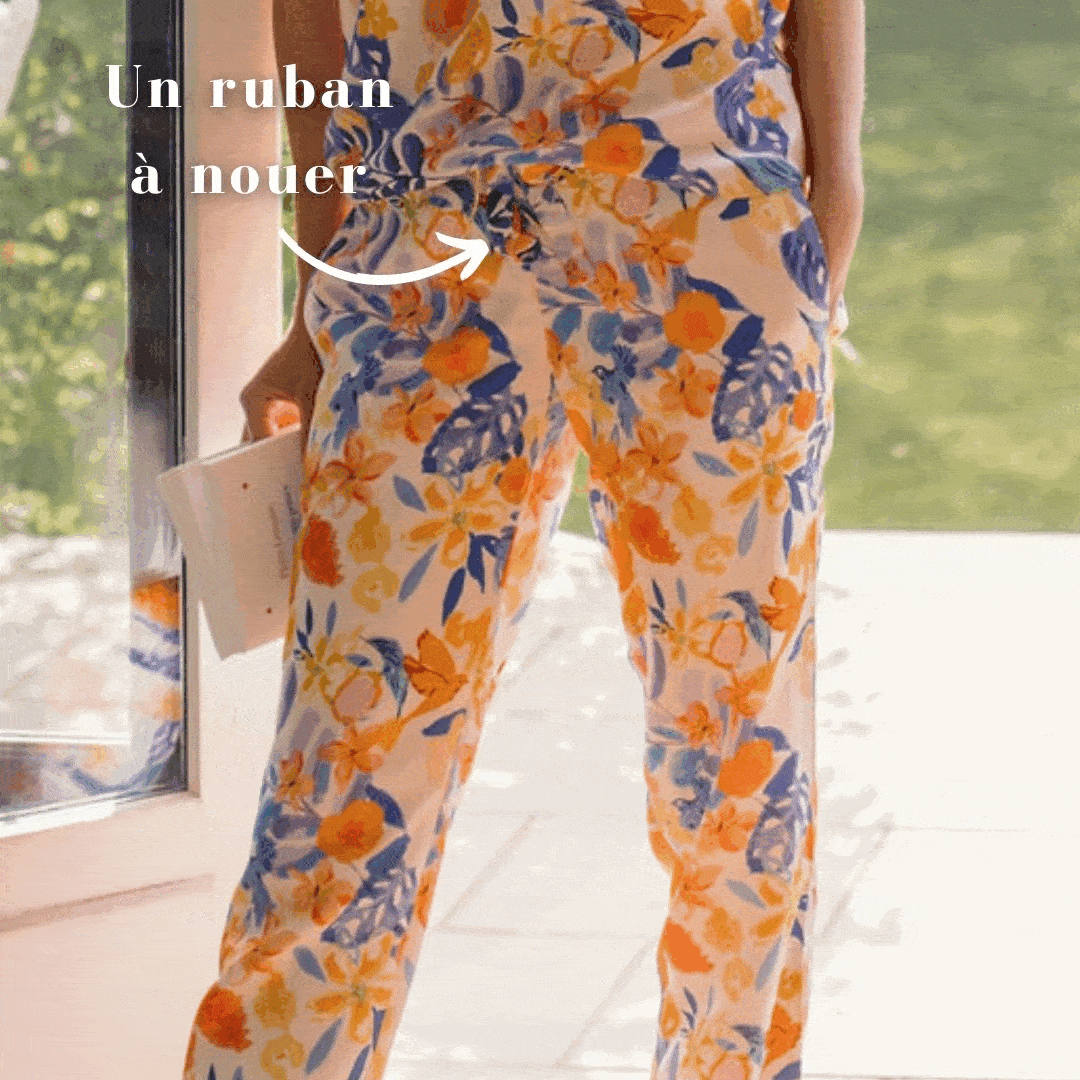 Nêge Paris - Pantalon jour et nuit Évasion Tropicale bleu et orange en tencel lyocell certifié oeko-tex