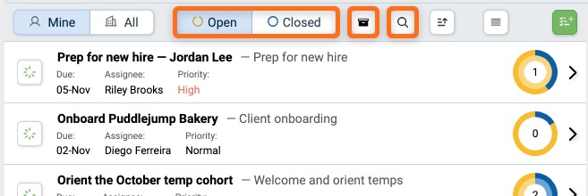 Open and Closed, Archived, and Search buttons in the Assignments Inbox header