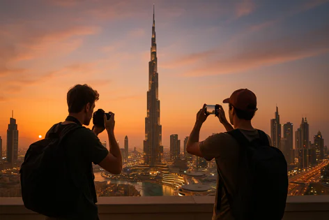 Two people photograph the Burj Khalifa and Dubai city skyline at sunset. One uses a DSLR camera, the other a phone, capturing the illuminated cityscape.