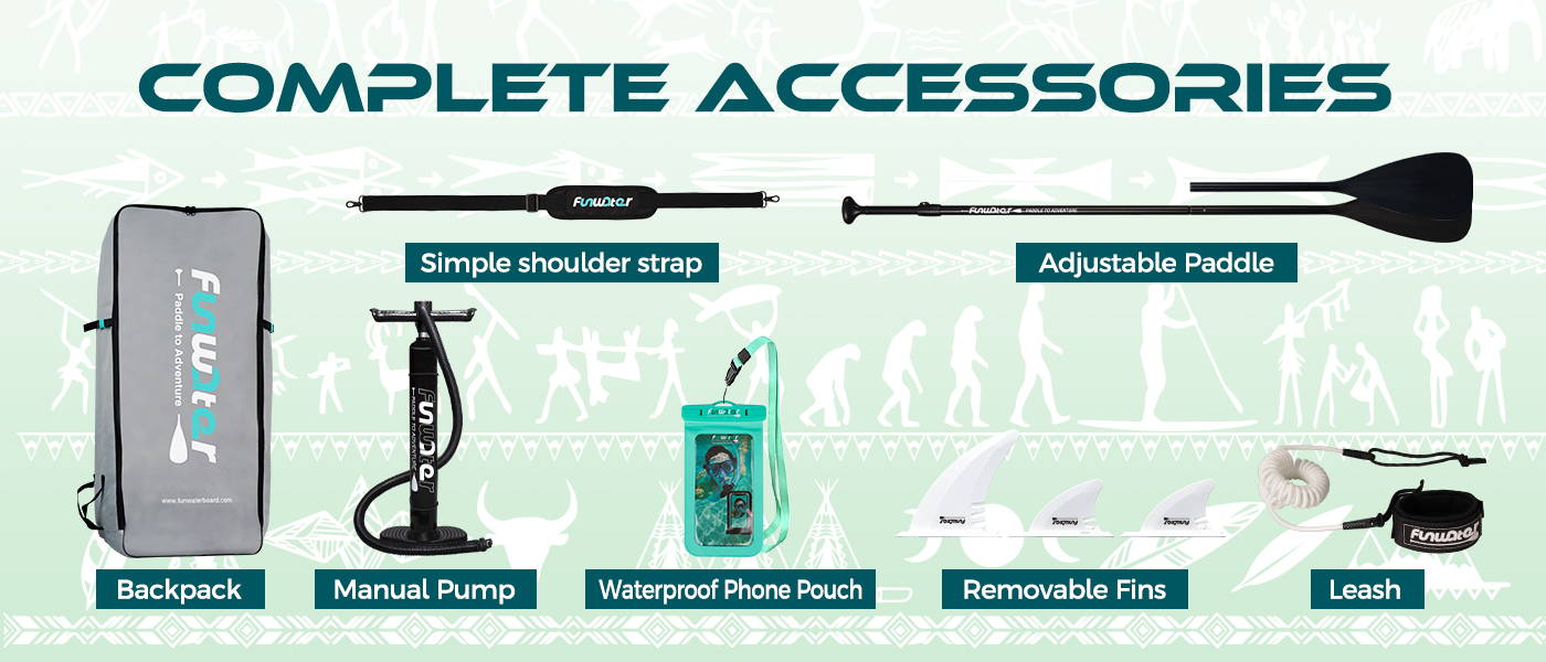 Innovation tiki blow up paddle board comes with complete paddle board accessories: backpack, pump, fins, leash, paddle, shoulder strap