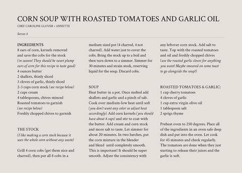 recipe for corn soup with roasted tomatoes and garlic oil