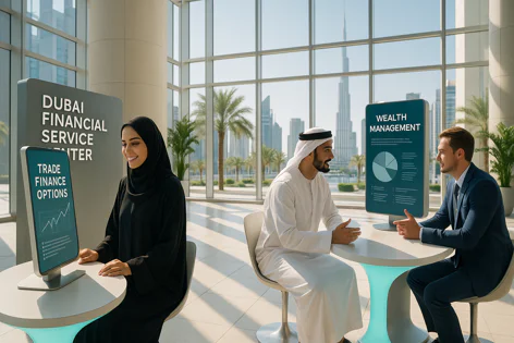 Three business people in a modern Dubai office, discussing finance and wealth management at interactive screens with the city skyline view.