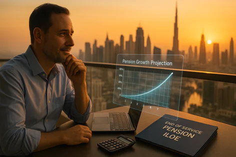 Man contemplating his retirement future, viewing a pension growth chart and End of Service book with a city skyline at sunset.