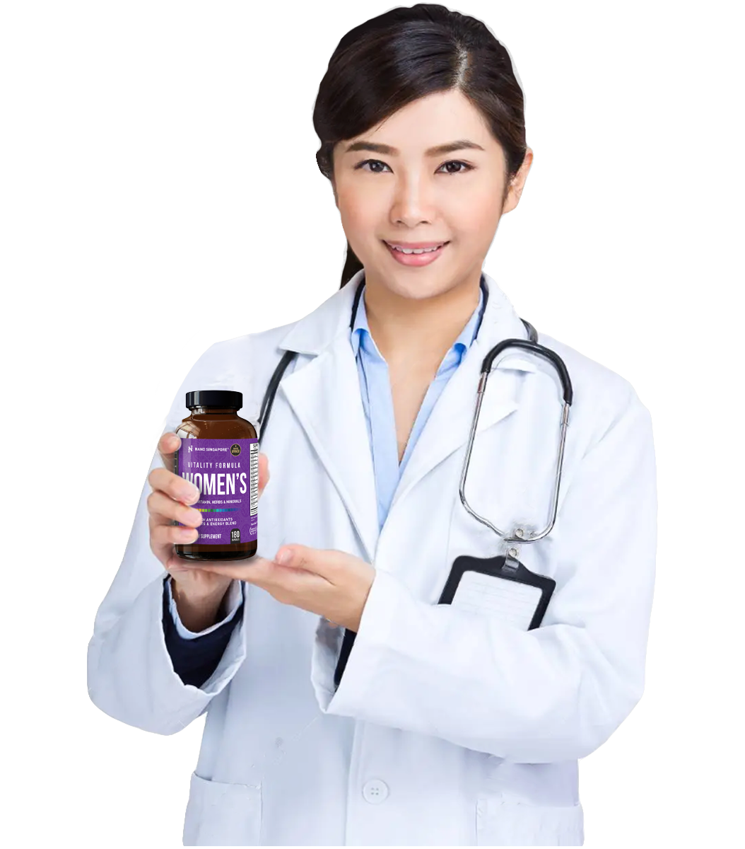Smiling female doctor holding a bottle of Vitality Formula Women's Multivitamin against a purple patterned background, highlighting a trusted multivitamin for women