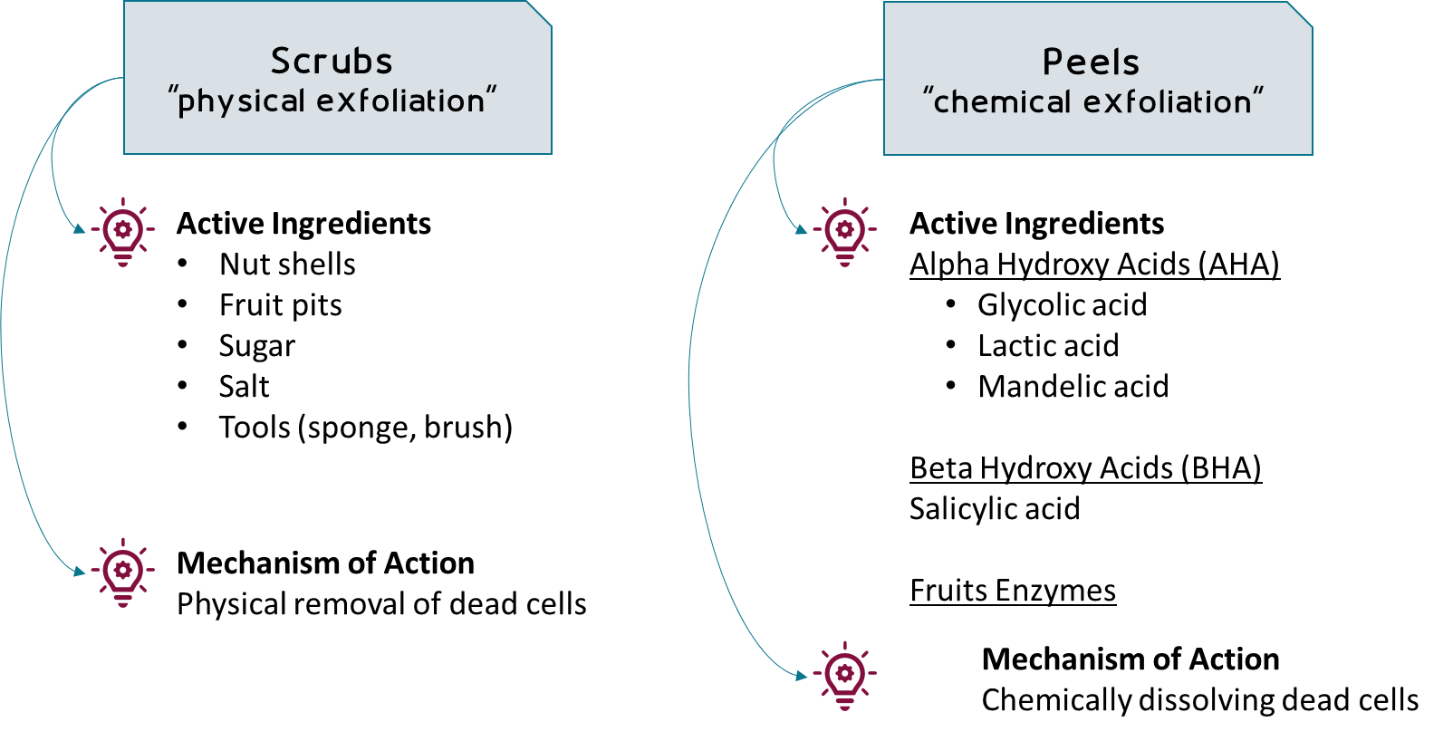 Illustration of skin exfoliators either mechanical scrubs or chemical peels and active ingredients in each one of them. 