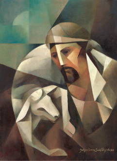 Modern painting of a lamb on the Good Shepherd's shoulders.