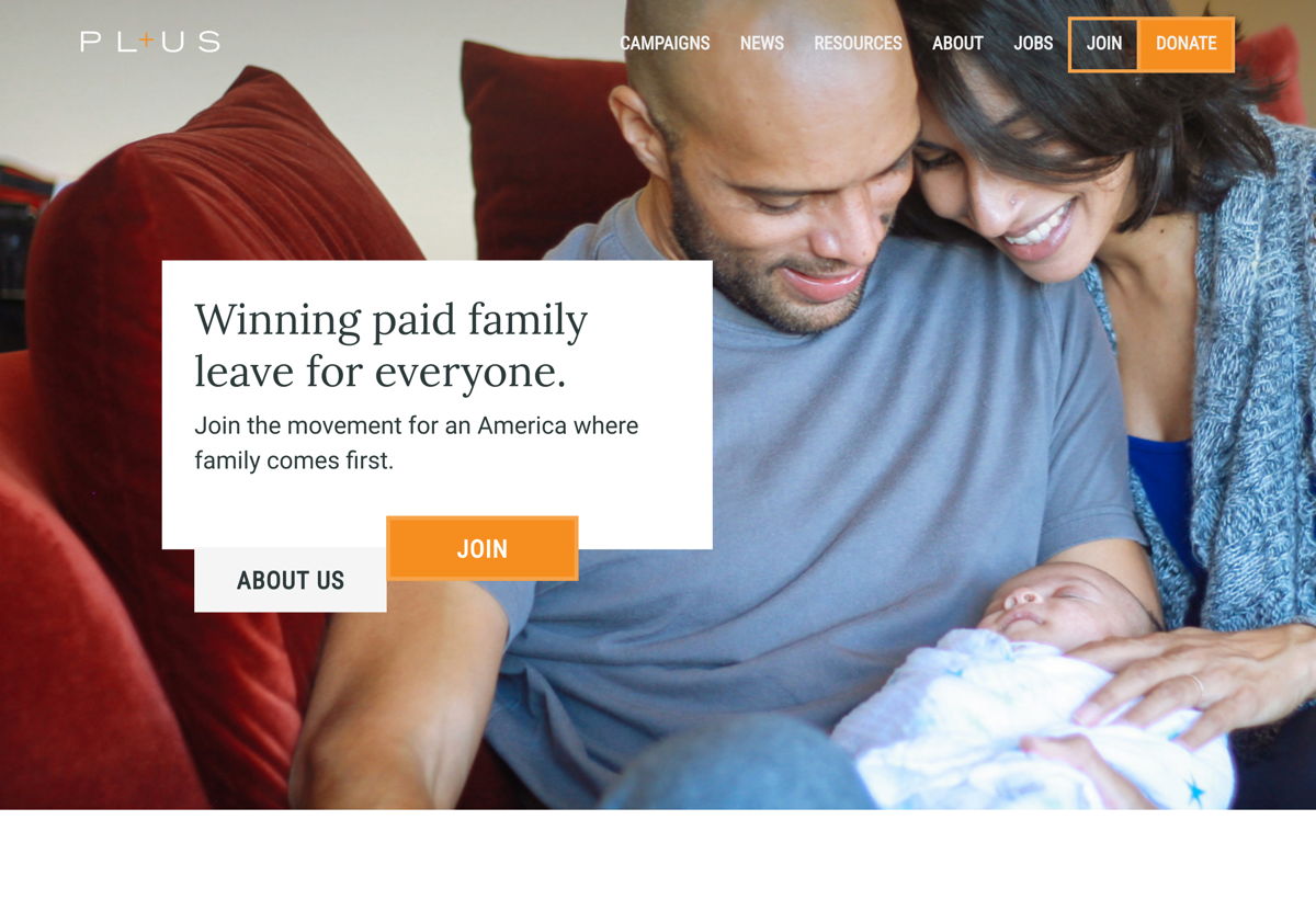 Screenshot of PL+US, from the nonprofit & charity websites collection.