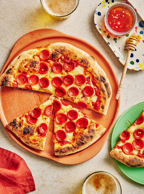Pepperoni and Cheese Pizzas with Spicy Honey