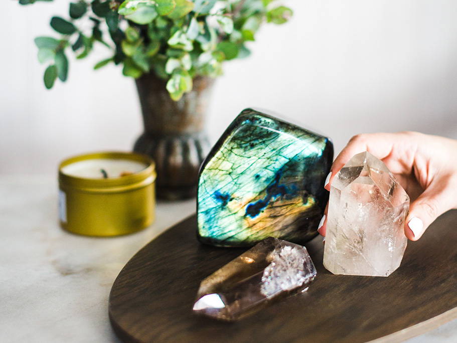 cluster of crystals with indoor plant