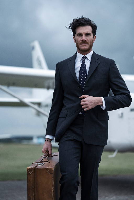 Regent photoshoot at sarum airfield, regent suit, model, plane, suiting