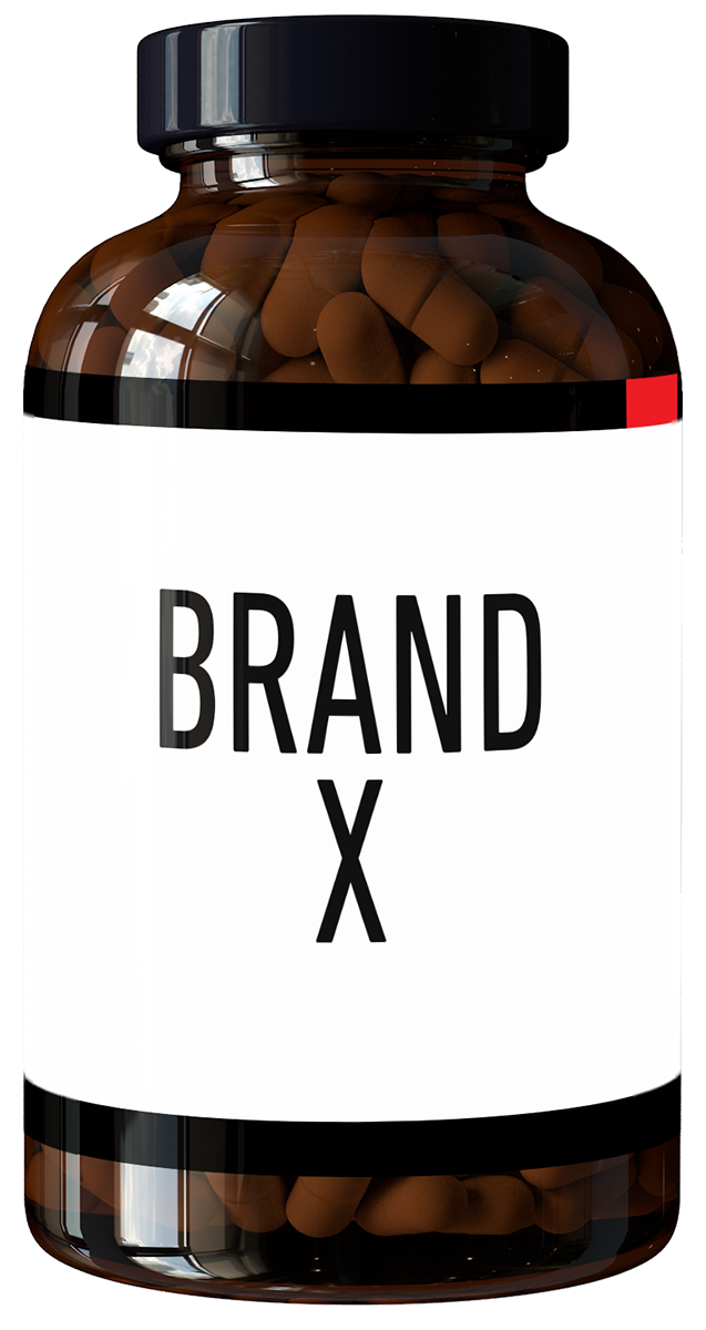 Comparison of Women's Vitality Formula bottle with a competitor labeled 'Brand X' against a purple patterned background, showcasing a multivitamin for women
