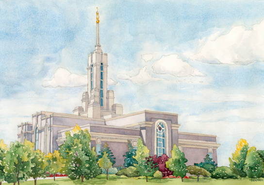 Painting of the Mount Timpanogos Temple surrounded by green and purple trees.
