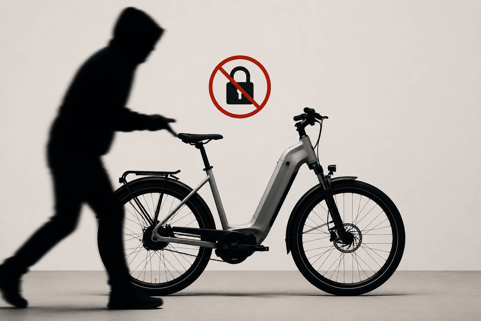 Minimalistische illustratie van een gestolen elektrische leasefiets met silhouet van een fietsdief, passend bij een artikel over schade, diefstal en verzekering van een leasefiets.