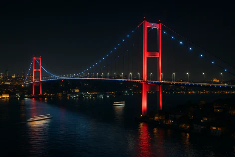 The Bosphorus Bridge in Istanbul is illuminated with red towers and blue lights along its cables at night, reflecting on the dark water below.