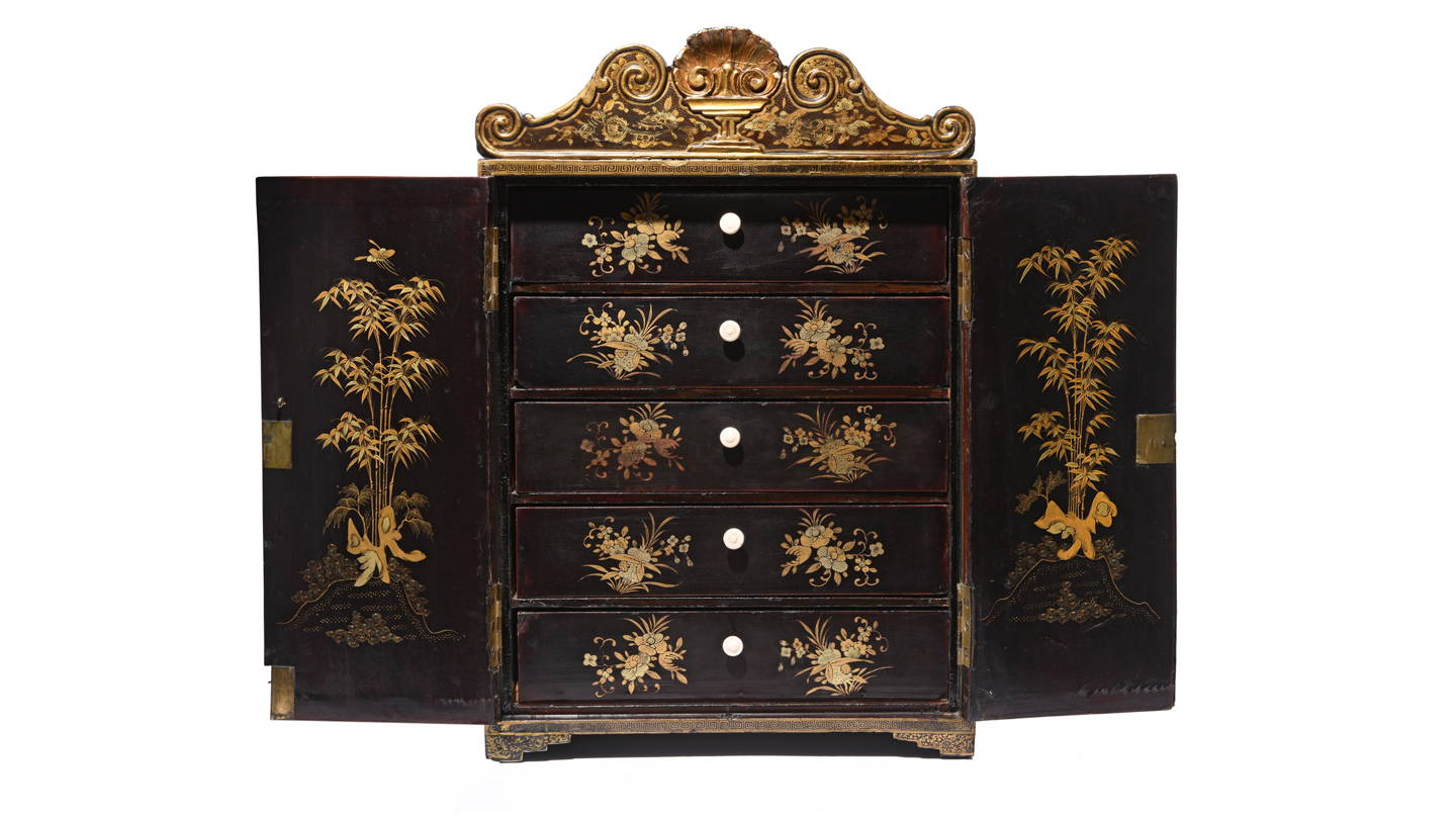 Gilt Black Lacquer Chinoiserie Jewellery Cabinet - Early 19thC | Indigo Antiques
