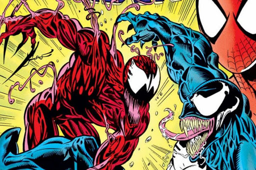 Action shot of Cletus in his Carnage form, swiping at Venom while Spiderman looks on.