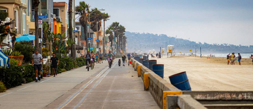 a busy walkway along the beach in San Diego