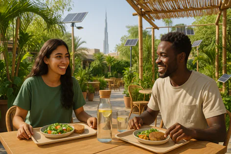 A man and woman share a plant-based meal at an outdoor table in a sustainable setting with greenery, solar panels, and the Dubai skyline.