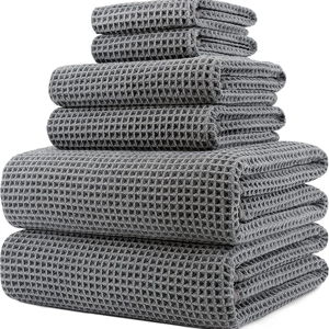 POLYTE Oversize, 60 x 30 in., Quick Dry Lint Free Microfiber Bath Towel Set, 6 Piece (Gray, Waffle Weave)