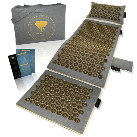 Tapis d'Acupression Ergonomique Premium en Set XL de 5 Pièces - Éléphant Gris &Or