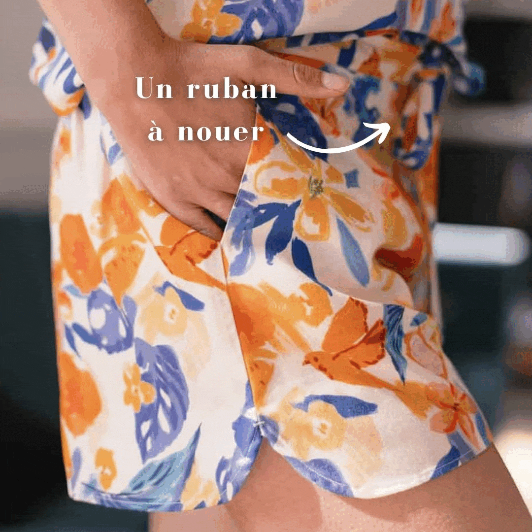 Nêge Paris - Short jour et nuit Évasion Tropicale bleu et orange en tencel lyocell certifié oeko-tex