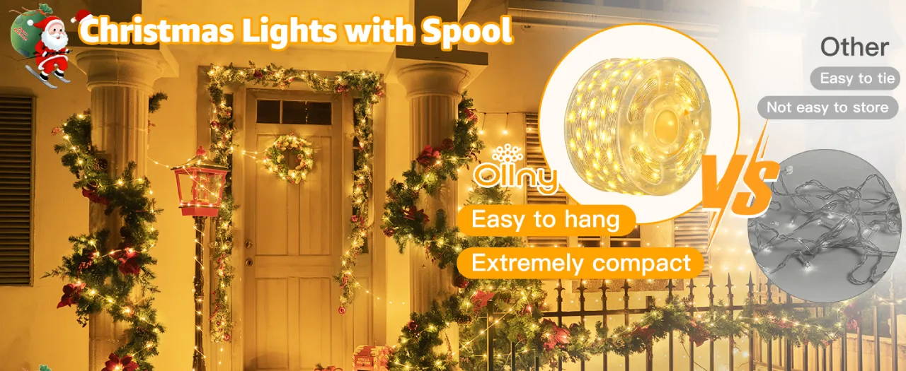 Features of Ollny's 800 leds clear cable cool white string lights - desktop size