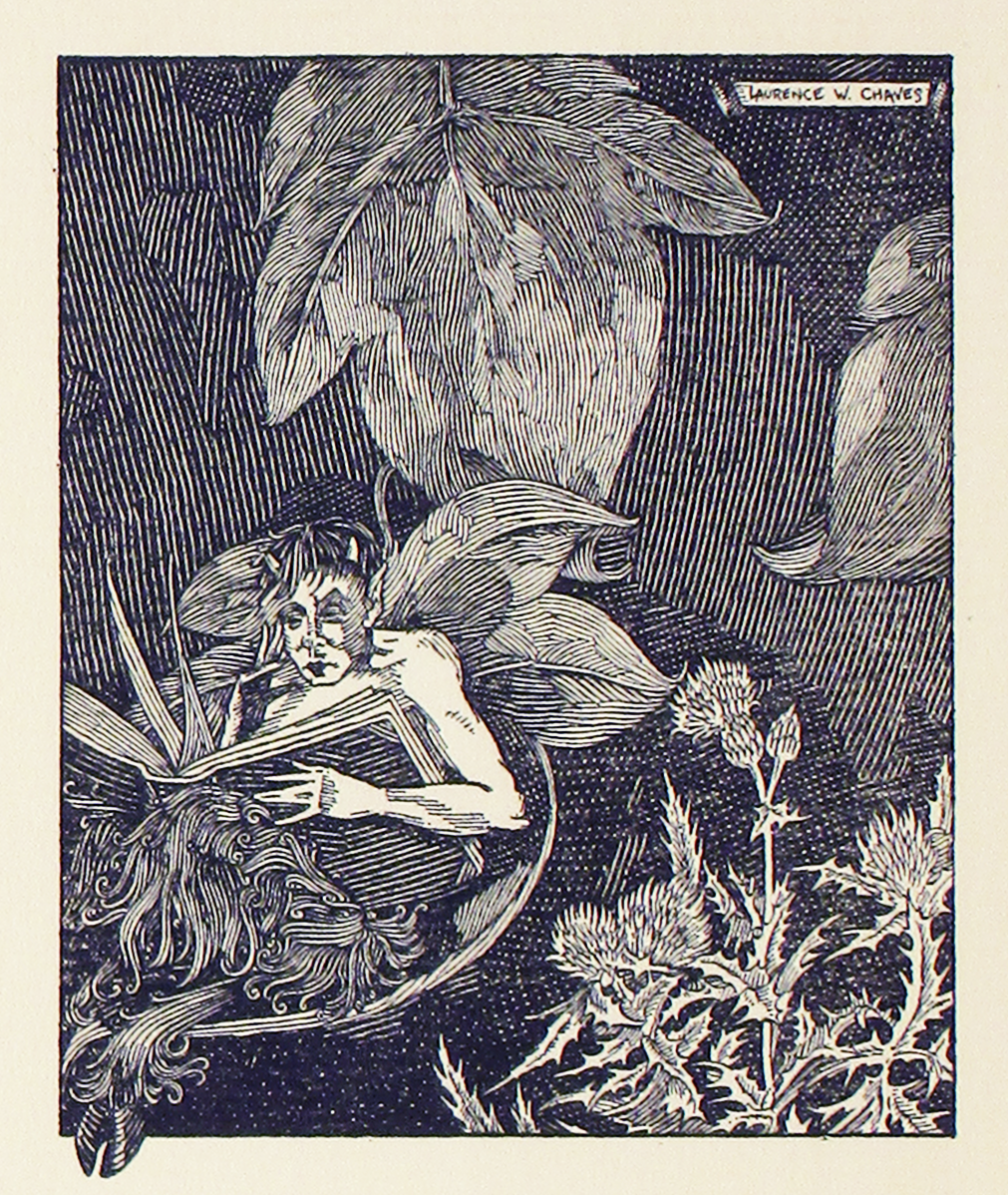 The book cover of A Few Figs From thistles that is a drawing of a fairy reading a book.