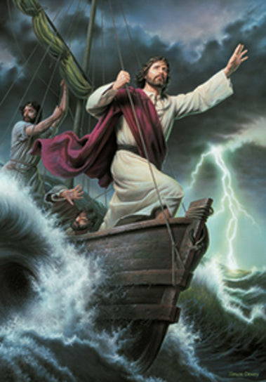 Jesus standing on a boat and stretching out an arm to calm the storm. 