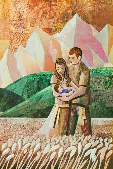 Paper collage artwork of Adam and Eve standing in a wheat field holding a newborn.