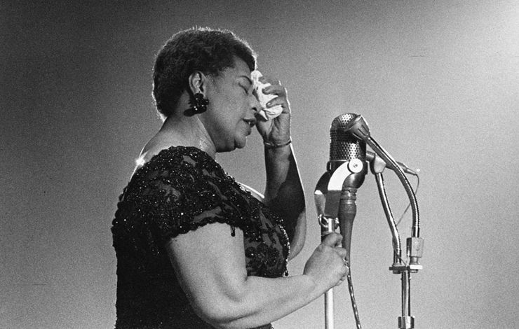Black and white image of Ella Fitzgerald performing at the Bowl in 1960
