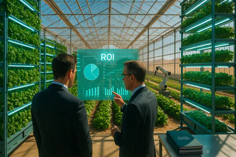 Two businessmen analyze ROI data on a holographic screen inside a modern greenhouse with vertical crops and a robotic arm.