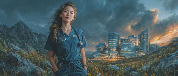 Travel nurse stands between city hospital and rural clinic under cinematic lighting.