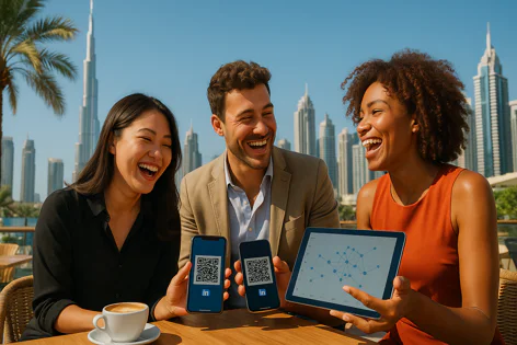 Happy diverse professionals show LinkedIn QR codes on smartphones and a network graph on a tablet, laughing outdoors with the Dubai skyline and Burj Khalifa in the background.