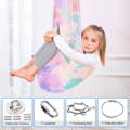Little girl swinging on a Montessori Balance Buddy, and below her are all the hardware pieces needed for mounting.