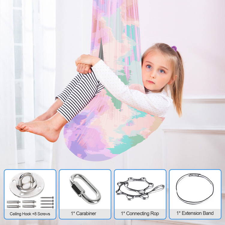 Little girl swinging on a Montessori Balance Buddy, and below her are all the hardware pieces needed for mounting.
