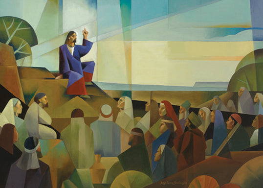 Abstract style painting of Jesus teaching the Sermon on the Mount..