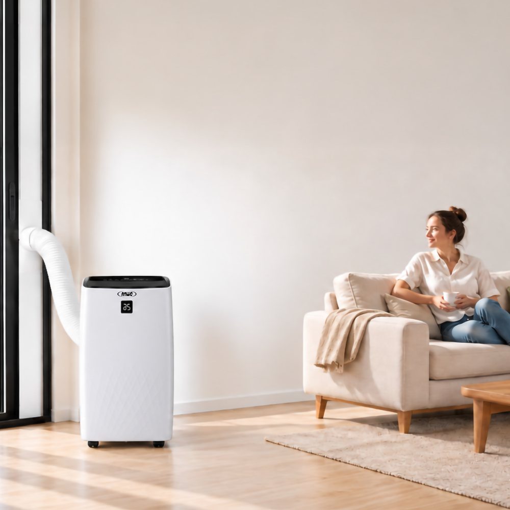 Aire acondicionado portátil ANWO Versa blanco en una sala luminosa junto a un ventanal