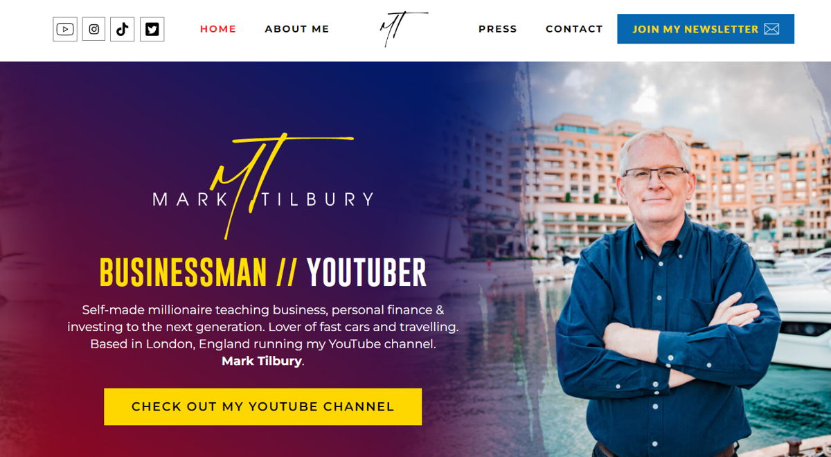 Screenshot of Mark Tilbury, from the influencer websites collection.