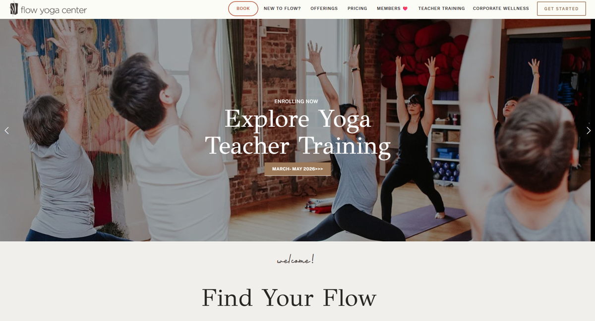Screenshot of Flow Yoga Center, from the squarespace yoga websites collection.