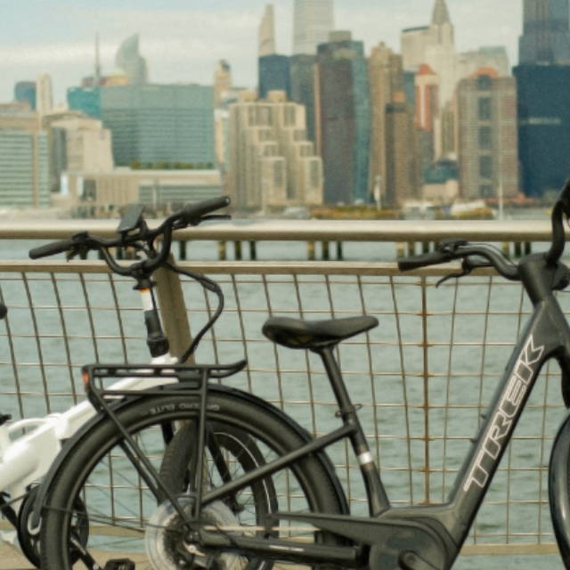 a Lectric and a Trek electric bike near the water in new york city