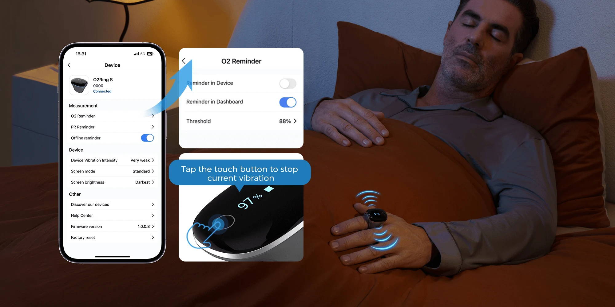 Wellue O2RingS ring oximeter monitoring sleep oxygen and heart rate with mobile and PC report visualization