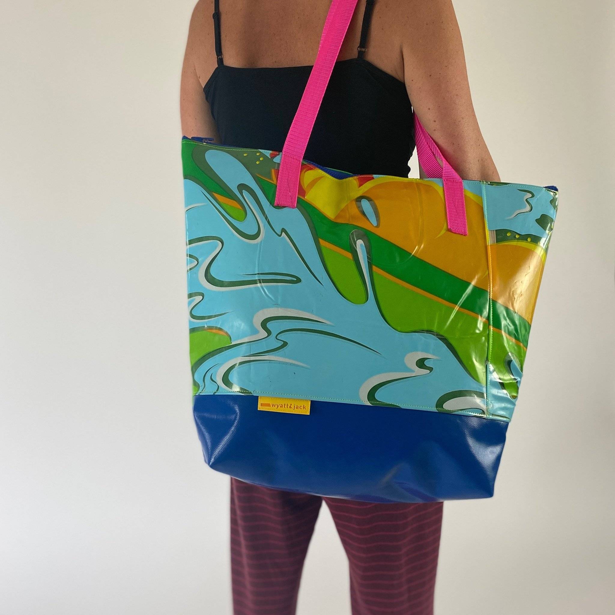 A Wyatt and Jack beach bag made from recycled inflatables