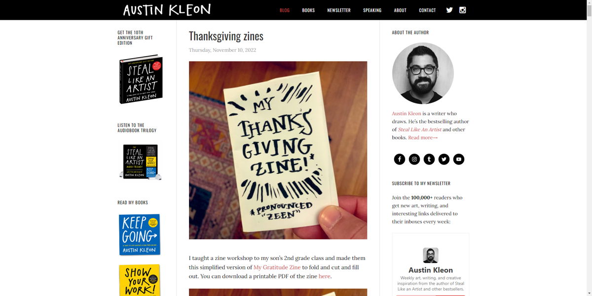Screenshot of Austin Kleon, from the blog design examples collection.