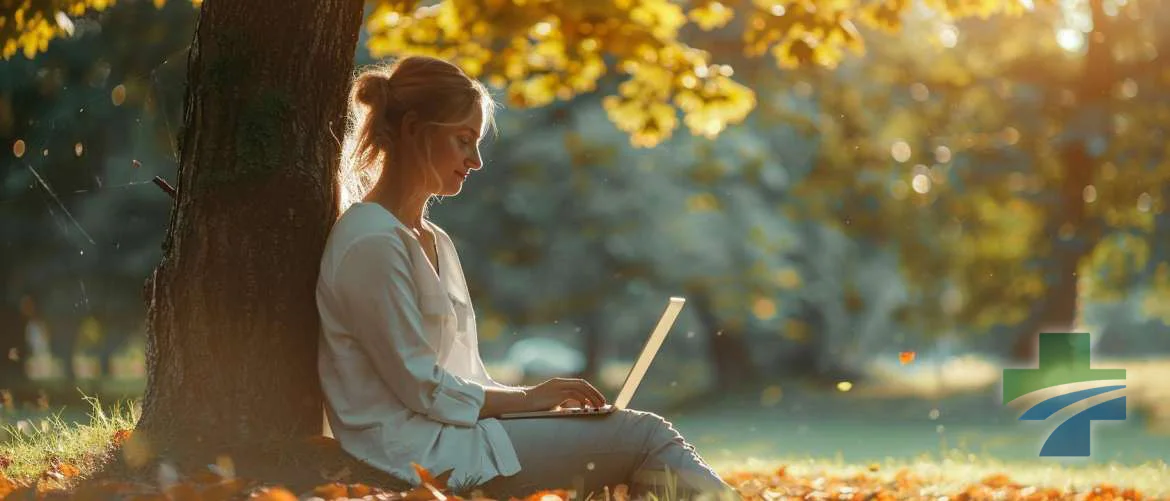 Travel nurse managing work-life balance with digital tools outdoors.