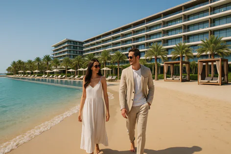 A stylish couple walks barefoot on a sandy beach beside a large infinity pool. Behind them are palm trees, lounge chairs, and a modern resort building.