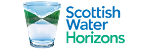 A glass of water reflects a scenic landscape with blue sky and green trees. Beside the glass, the text reads Scottish Water Horizons in blue and green lettering.
