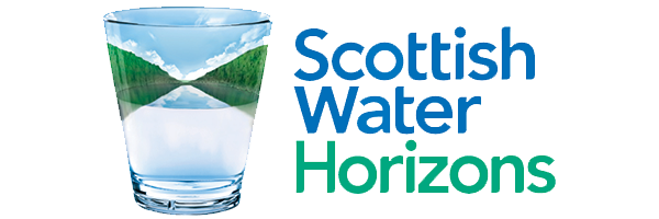 A glass of water reflects a scenic landscape with blue sky and green trees. Beside the glass, the text reads Scottish Water Horizons in blue and green lettering.