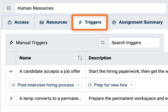 Triggers tab of a Portfolio listing its Manual Triggers