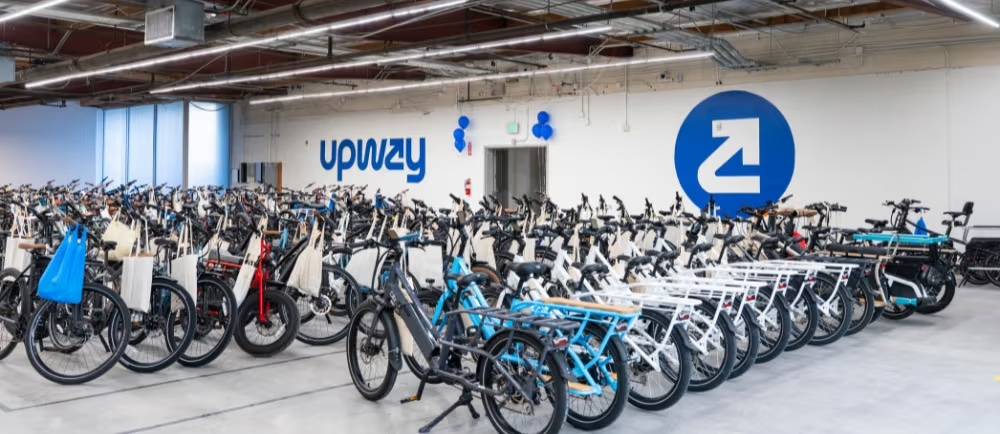 rows of bikes in the Upway warehouse