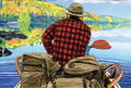 illustration of a man sitting in a canoe on a lake with multiple canoe packs behind him